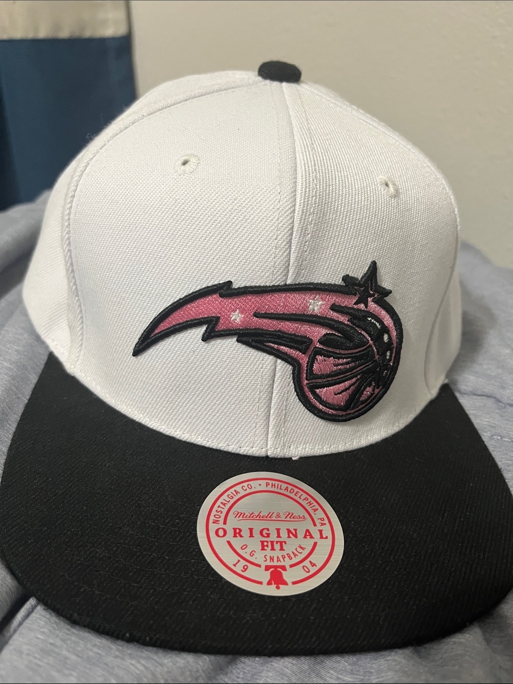 Mitchell & Ness White, Black & Pink Snapback Hat